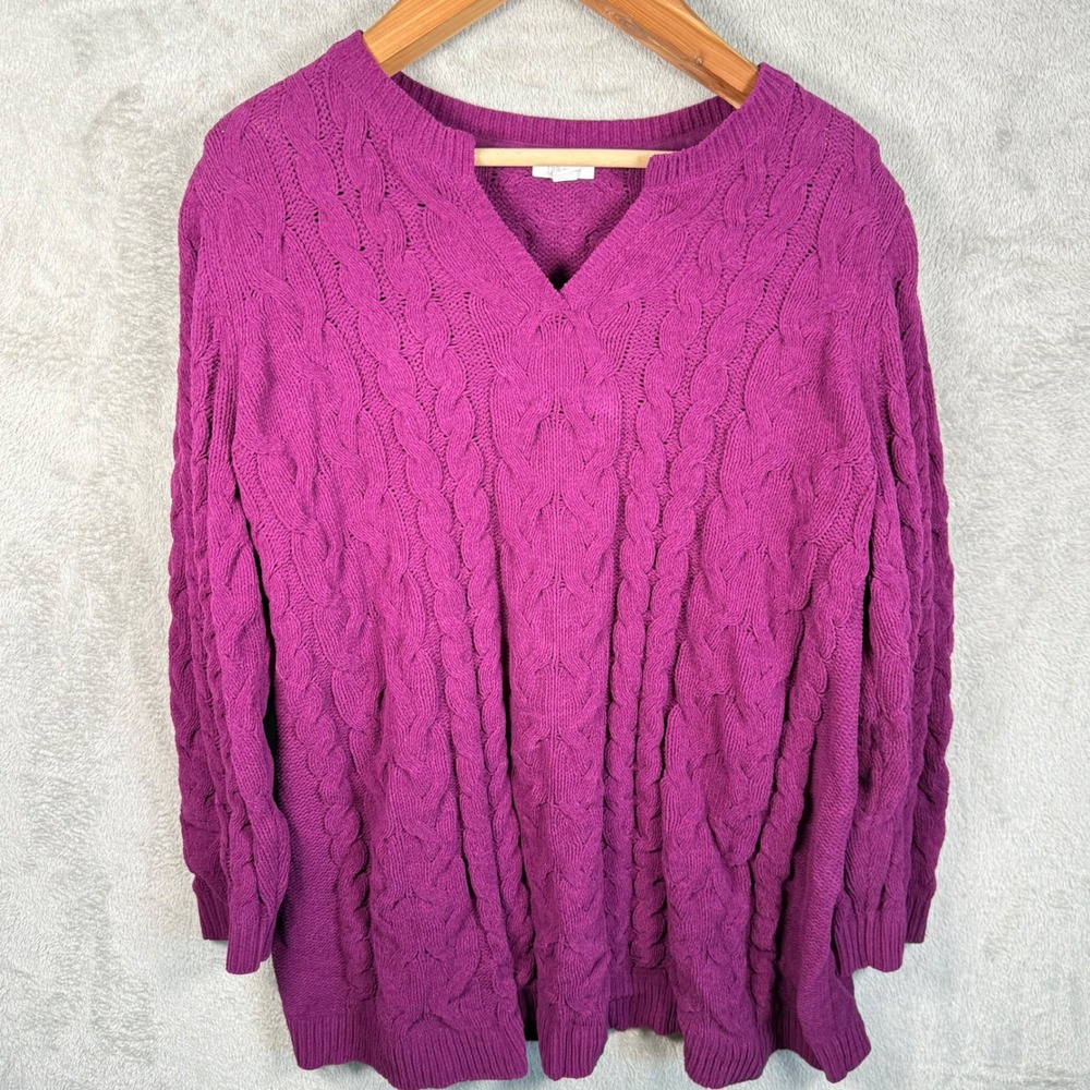 J. Jill Chenille Sweater Women 2X Purple L/S Cable Knit V-Neck Pullover Cozy